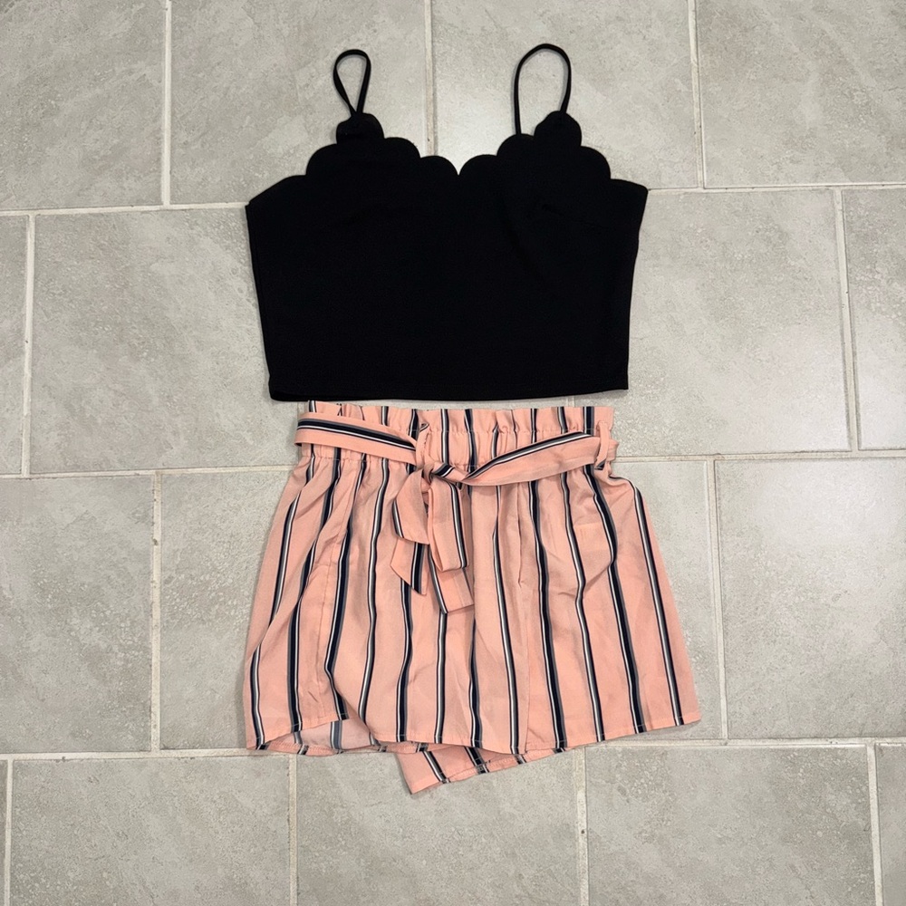 SHEIN Black Scallop Top with Pink Striped Shorts